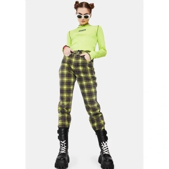 THE RAGGED PRIEST Caddie Lime Check Print Mom Jeans - Picture 4 of 9